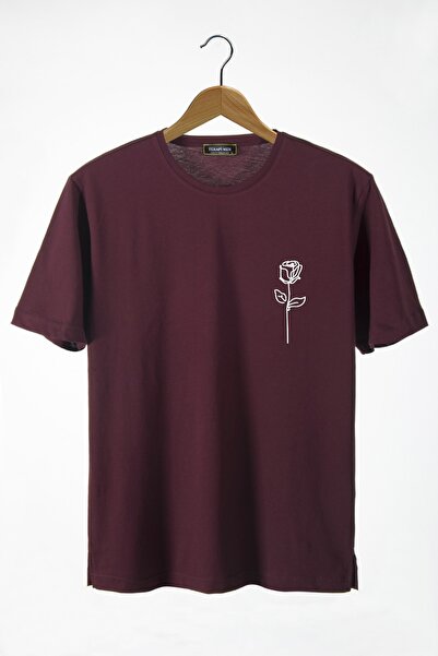 VEAVEN Unisex Claret Red Front Rose Printed Crew Neck Oversize Fit Basic Cott...