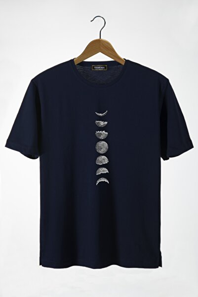 VEAVEN Unisex Lacivert Önü Gezegen Baskılı Bisiklet Yaka Oversize Pamuklu T-s...