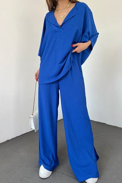 lovebox Women's Seersucker Bat Sleeve V-Neck Blouse And Trousers Oversize Saks Blue Double Suit 9581