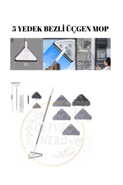 Oliva Nero 5 Bezli Üçgen Mop Cam Parke Fayans Temizleme , Mikrofiber Teleskopik Sap