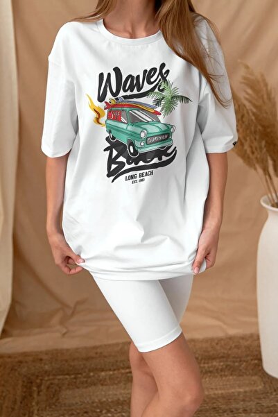Machetta Plus Size Oversized Waves Printed White T-shirt