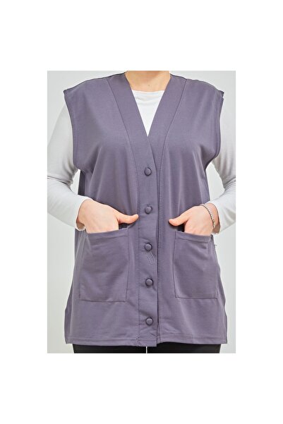 Fresh&Moda Women's Gray Short Pocket Buttoned Combed Cotton Mother Plus Size Vest