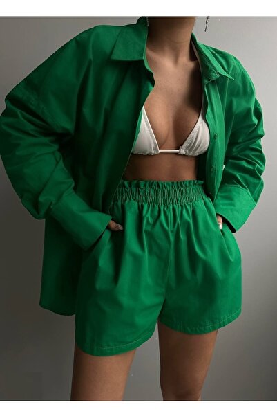 lovebox Set pantaloni scurți cu șnur cămașă supradimensionată verde pentru fe...