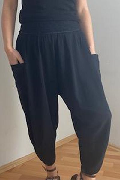 AYASOFYA OTANTIK Women's Black Cargo Pocket Linen Trousers 231003