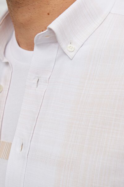 AC&Co / Altınyıldız Classics Men's Beige-white Slim Fit Narrow Cut Button Collar 100% Cotton Striped Shirt