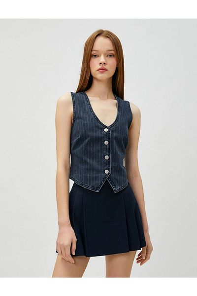 Koton Vestă din denim cu decolteu în V, buton metalic, cu dungi