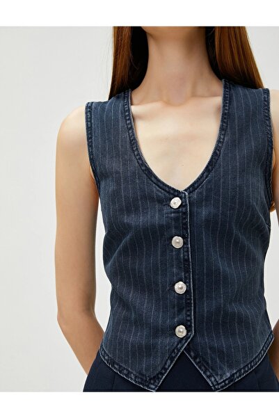 Koton Джинсовий жилет з V-подібним вирізом на металевих ґудзиках в смужку