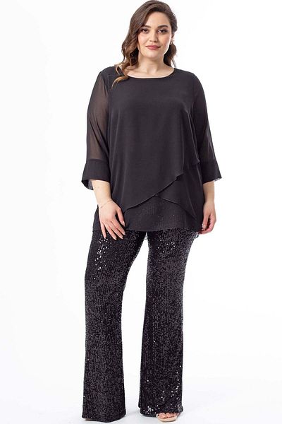 Moda Alba Black High Waist Flared Legs, Elastic Waist, Sequined Sequined Plus Size Trousers