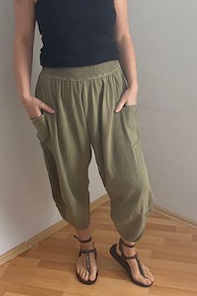 AYASOFYA OTANTIK Women's Khaki Cargo Pocket Linen Trousers 231003