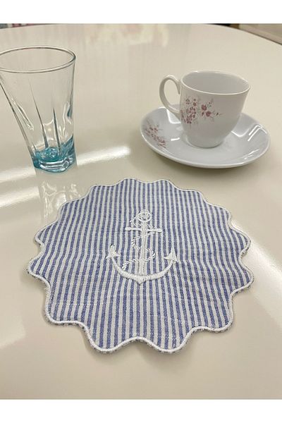 AYNAKIŞÇEYİZ Σετ με 6 Κεντημένες Αγκύρες Λινά Σερβιτόρα Κοκτέιλ Χαρτοπετσέτες & Σουβέρ