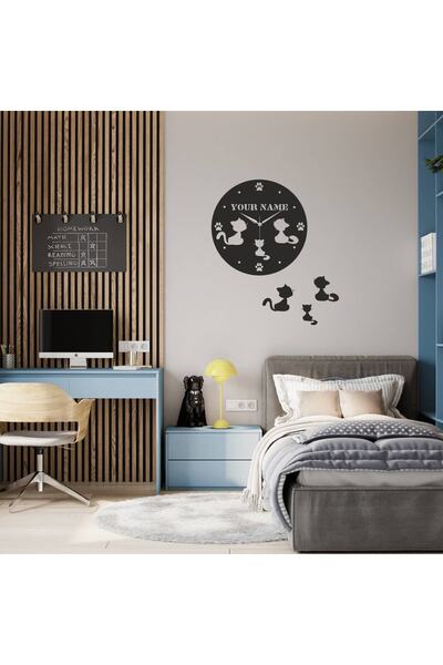 hediyelikevi Aile Kediler Temalı Ahşap Duvar Saati....ürüne Eklenecek Isim Si...