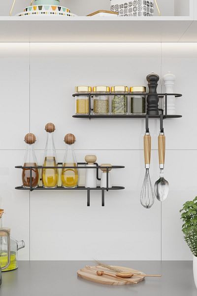 Bino Spice Rack Set of 2 Black Matte Metal Kitchen Shelf Bathroom Shelf Salt Shelf Hanger with Adhesive Hooks