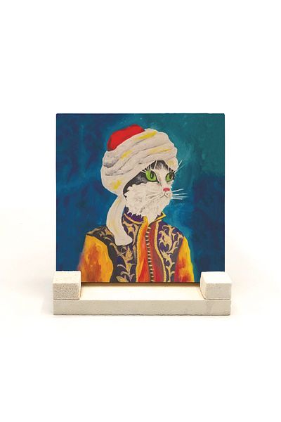 Sadrazam Turbaned Ottoman Cat Printed Natural Stone Tabletop