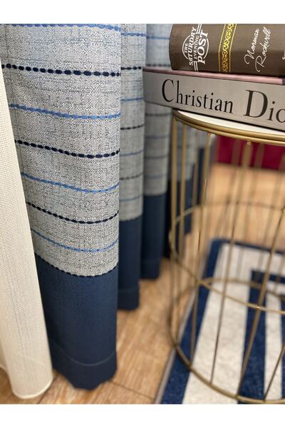 Brillant Jakarlı 1/3 Sık Pile Çizgili Düz Modern Pano Desen Fon Perde - Lacivert