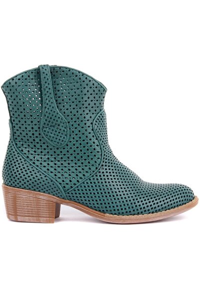 SailLakers - Πράσινες δερμάτινες γυναικείες καλοκαιρινές μπότες χωρίς φερμουάρ 105-2596-VENUS