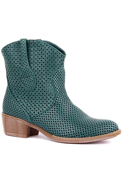 SailLakers - Πράσινες δερμάτινες γυναικείες καλοκαιρινές μπότες χωρίς φερμουάρ 105-2596-VENUS