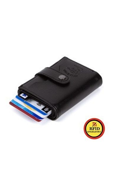 Newish Unisex Black Vegan Leather Aluminum Mechanism, Card Holder Wallet Automatic Wallet
