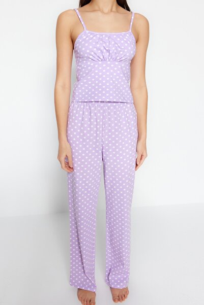 Trendyol Collection Lilac Puntík bavlněný provazový popruh Pletený pyžamový set THMSS23PT00226