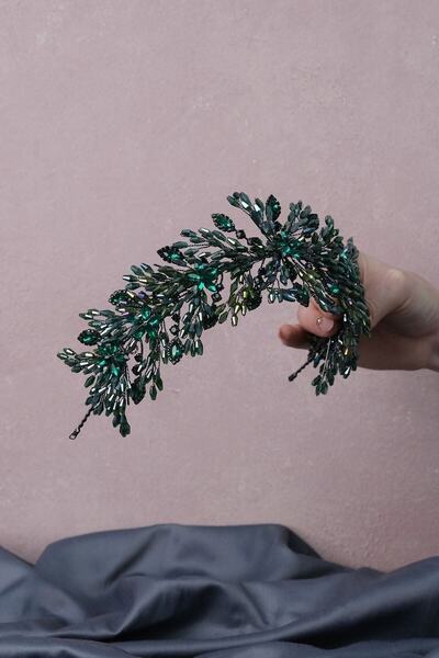GELD Accesoriu pentru păr de mireasă pentru femei, verde Arden, cu mărgele de cristal, bentiță și coroană de mireasă cu henna – Coroană – Coroană – T