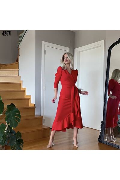 modakyra Legendás női piros, krepp szövetből készült, középhosszú, öves hosszú ujjú ruha (PIROS)