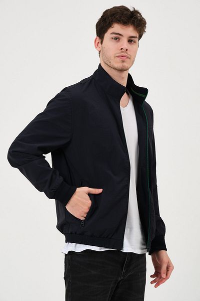 PIQUE Ανδρικό παλτό Monza Navy Blue με φερμουάρ, διχτυωτό ριγέ, λεπτομερές ανοιξιάτικο παλτό
