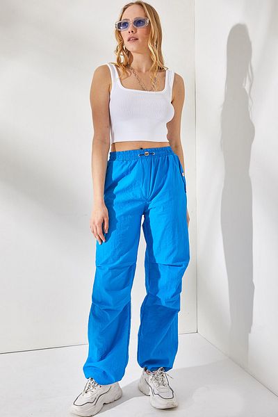 Olalook Women's Blue Pocketed Drawstring Parachute Trousers PNT-19000217