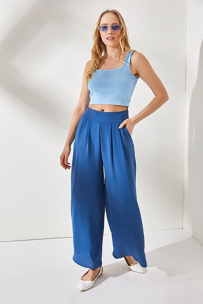 Olalook Women's Indigo Side Zipper Pocket Pleated Detailed Loose Trousers PNT-19000215