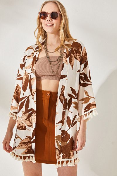 Olalook Dámské kamenné hnědé kimono se střapcem ležérní pletené kimono KMN-00000056