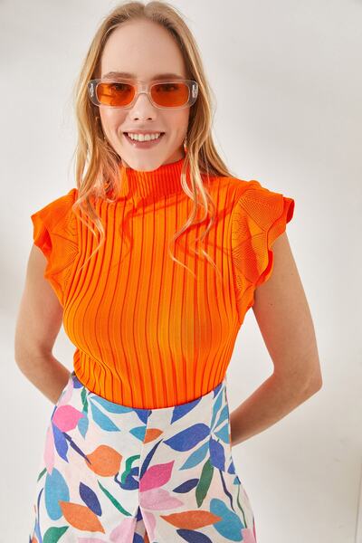 Olalook Bluză de tricotaj de vară cu mânecă fluture portocalie pentru femei BLZ-19000886