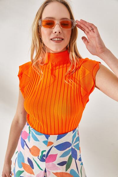 Olalook Bluză de tricotaj de vară cu mânecă fluture portocalie pentru femei BLZ-19000886