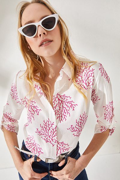 Olalook Women's Bush Fuchsia Sleeve Folded Linen Shirt GML-19000825