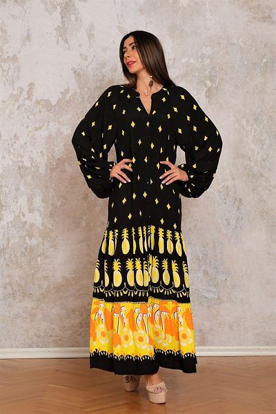 Keyifli Moda Women's Black Ethnic Patterned V-Neck Balloon Sleeve Front Buttoned Skirt Layered Long Dress