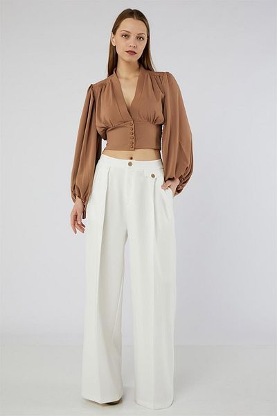 Dreamlike Normal Waist Flap Detailed Pleated Wide Leg Double Pocket Belted Buttoned Zippered Palazzo Trousers