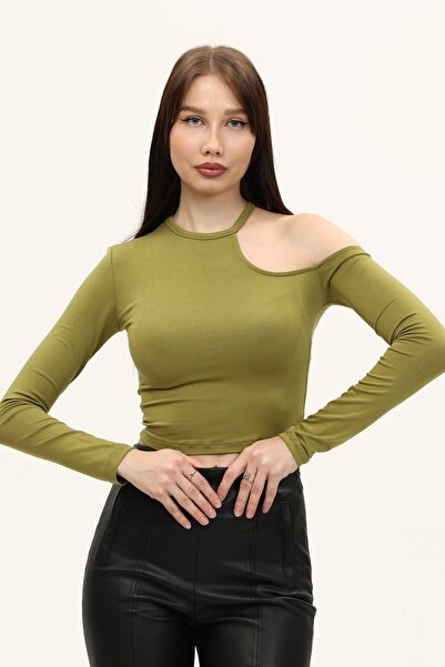 LAENT Yağ Yeşili Omuz Detaylı Crop Bluz