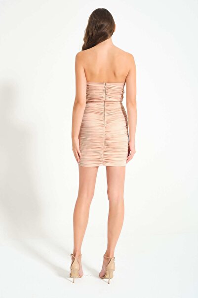 TARA COŞKUNTUNCEL Pudra Straplez Anvelop Korsaj Mini Elbise