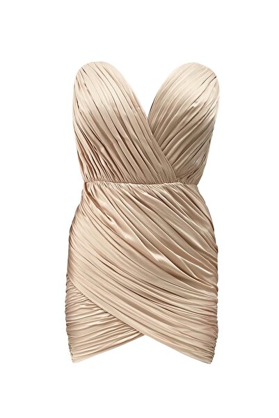 TARA COŞKUNTUNCEL Pudra Straplez Anvelop Korsaj Mini Elbise