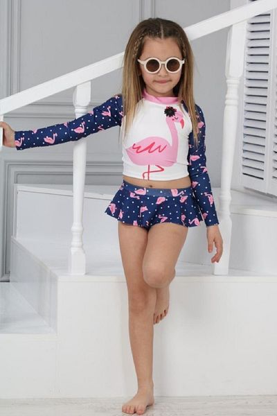 PODİUM GİYİM Trend Flamingo Patterned Sun Protection Long Sleeve Crop Top Mini Skirt Bikini Bottom Ruffle Bikini Set