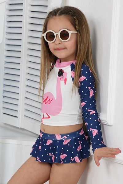 PODİUM GİYİM Trend Flamingo Patterned Sun Protection Long Sleeve Crop Top Mini Skirt Bikini Bottom Ruffle Bikini Set