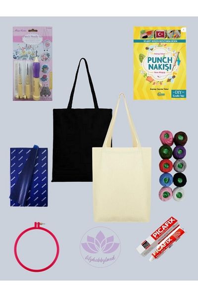 LİLYHOBBYLAND 2 Pieces Cloth (duck) Bag Punch-panch Embroidery Set with All Supplies Color Cream-black