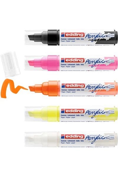 Edding 5000 Model Acrylic Markers - Large Size, White, Black, Yellow and Pink - Pack of 5