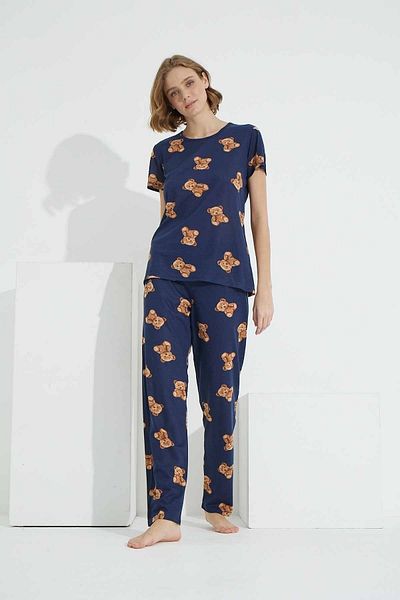 Siyah İnci Navy Blue Teddy Bear Patterned Knitted Pajama Set