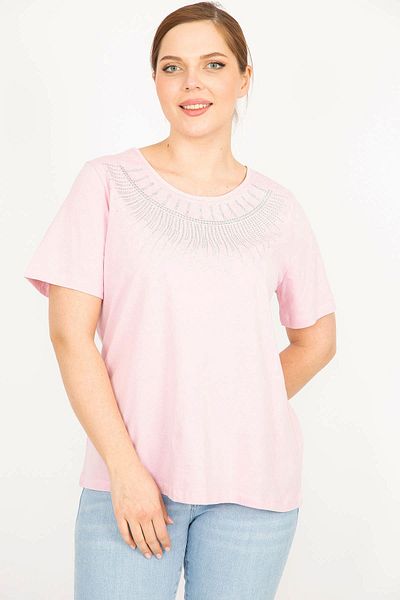 Şans Women's Pink Plus Size Cotton Fabric Collar Glitter Detailed Blouse 65n35927