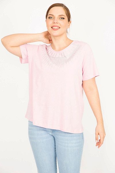 Şans Women's Pink Plus Size Cotton Fabric Collar Glitter Detailed Blouse 65n35927