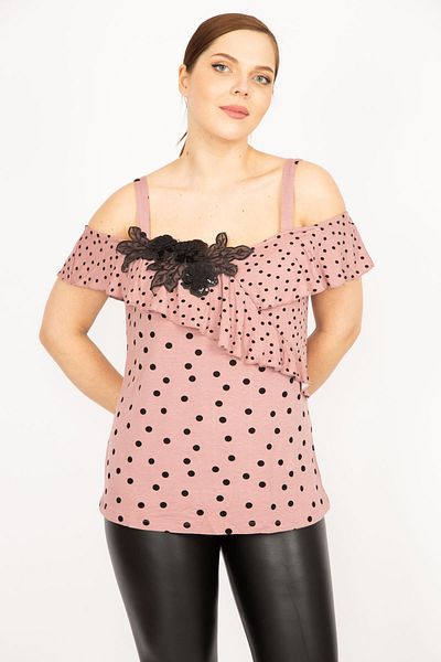 Şans Women's Powder Plus Size Sequin Applique and Flywheel Detailed Point Patterned Strappy Blouse 65n35918