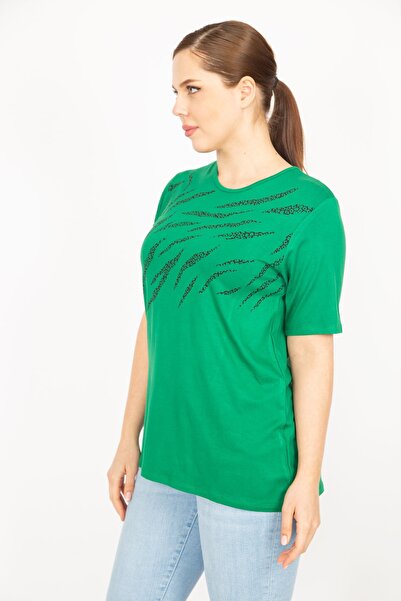 Şans Women's Green Plus Size Crew Neck Front Printed Blouse 65n35897