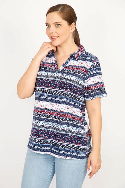 Şans Women's Colorful Large Size Cotton Fabric Polo Collar Blouse 65n35933