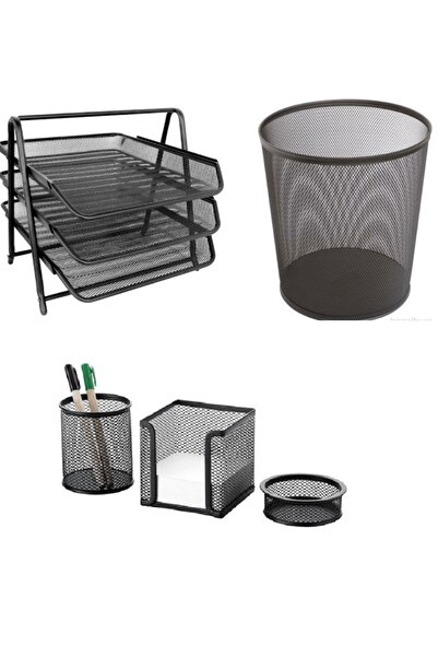 Cassa Exclusive Set 5 Parça Kalemlik - Ataşlık - Kağıtlık - Çöp Kovası - Metal Evrak Rafı Perfore