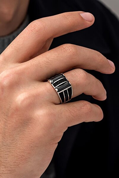 GT Gümüş Tezgahı Çift Sıra Siyah Baget Taşlı 925 Ayar Gümüş Erkek Yüzük