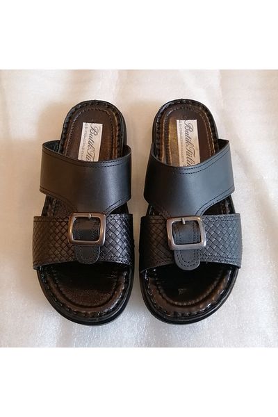 Butik Tülin شبشب رجالي من الجلد الطبيعي بطباعة محبوكة باللون الأسود مع إبزيم عتيق ونعل مطاطي ناعم مانع للانزلاق