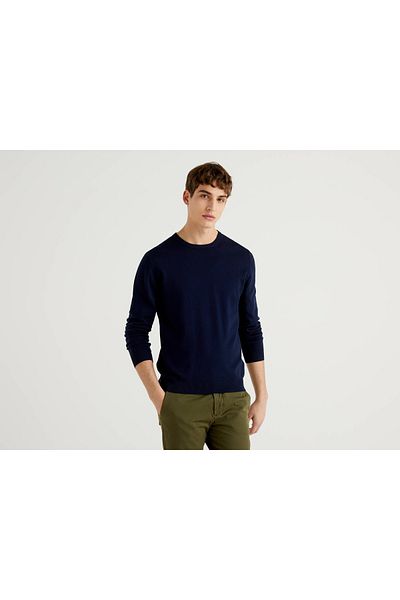 United Colors of Benetton Pulover din bumbac pentru bărbați albastru bleumarin - cu gât crew